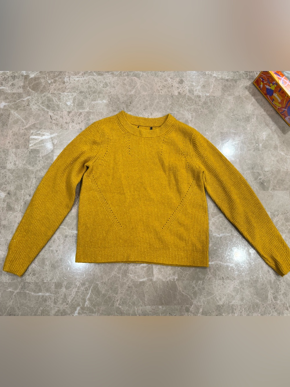 Mustard Yellow Ribbed Knit Crewneck Sweater Pointelle Detail Size S